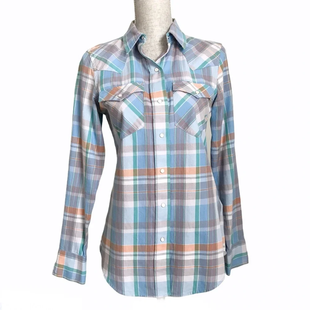 Ralph Lauren Plaid Western Pearl Snap Top Button Down Cotton Blouse Blue Small - Picture 4 of 13